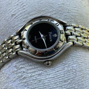 Futura Women Wristwatch Silver Tone Quartz Analog Watch Black Face Watch
